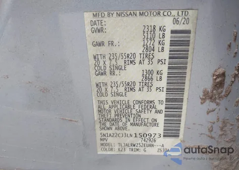 2020 Nissan Murano Sl Fwd из США, поврежденный, VIN 5N1AZ2CJ3LN150973